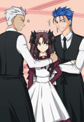 Rule 34 | 1girl, 2boys, alternate costume, anger vein, apron, archer (fate), blue eyes, blue hair, brown hair, cu chulainn (fate), cu chulainn (fate/stay night), dark-skinned male, dark skin, enmaided, fate/stay night, fate (series), long hair, maid, maid apron, maid headdress, multiple boys, official alternate costume, one eye closed, ponytail, tihs00, tohsaka rin, twintails, two side up, vest, waistcoat, waiter, wink