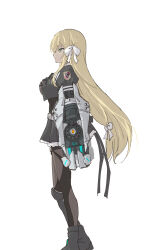 Rule 34 | 1girl, ankle boots, arm at side, assault lily, asymmetrical footwear, belt, belt buckle, black footwear, black ribbon, black shirt, blonde hair, boots, bow, breasts, brown pantyhose, buckle, closed mouth, commentary, cropped jacket, emblem, feet out of frame, from side, green eyes, hair bow, highres, holding, holding weapon, knee boots, long hair, looking ahead, luise ingels, medium breasts, miniskirt, neck ribbon, pantyhose, pleated skirt, power fist, profile, puffy short sleeves, puffy sleeves, ribbon, school uniform, shirt, short sleeves, sidelocks, simple background, skirt, solo, standing, thigh strap, uneven footwear, urutsu sahari, very long hair, weapon, white background, white belt, white bow, yurigaoka girls academy school uniform
