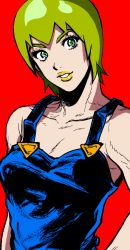 Rule 34 | 1girl, bad id, bad pixiv id, blue overalls, breasts, foo fighters (jojo), green eyes, green hair, highres, jojo no kimyou na bouken, light smile, my nameisyoon, overalls, parted lips, red background, short hair, solo, stone ocean, upper body, yellow lips