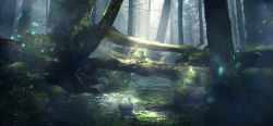 Rule 34 | bare tree, creatures (company), day, fallen tree, forest, game freak, gen 2 pokemon, gen 5 pokemon, glowing, highres, in water, light particles, light rays, marill, nature, nintendo, no humans, petilil, plant, pokemon, pokemon (creature), river, rock, scenery, shizui fen, swadloon, tree