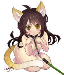 Rule 34 | 1girl, ahoge, animal ears, blush, brown eyes, brown hair, cat ears, cat girl, cat tail, chinese text, jokanhiyou, kneeling, leash, long hair, looking at viewer, navel, nude, original, paw pose, simple background, solo, tail, tears, viewer holding leash, wavy mouth, white background