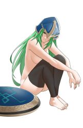 Rule 34 | 1girl, barefoot, black thighhighs, blue helmet, breasts, convenient censoring, feet, fire emblem, fire emblem: path of radiance, green eyes, green hair, helmet, highres, large breasts, long hair, looking at viewer, nephenee (fire emblem), nintendo, nude, on floor, pomelomelon, shield, simple background, sitting, thighhighs, toes