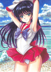 Rule 34 | 1girl, armpits, arms up, beach, bishoujo senshi sailor moon, black hair, blue eyes, bow, breasts, cameltoe, choker, cloud, cloudy sky, cowboy shot, earrings, elbow gloves, gloves, highres, hino rei, jewelry, leotard, long hair, looking at viewer, marker (medium), mechanical pencil, medium breasts, outdoors, pencil, pleated skirt, red choker, red sailor collar, red skirt, sailor collar, sailor mars, sailor senshi uniform, skirt, sky, smile, solo, thighs, tomoeri, traditional media, white gloves, white leotard