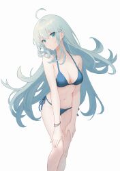 Rule 34 | 1girl, ahoge, aqua eyes, aqua hair, bikini, blue bikini, breasts, cleavage, closed mouth, collarbone, commentary request, feet out of frame, hands on own thighs, head tilt, herfstijl, highres, long hair, looking at viewer, medium breasts, navel, original, side-tie bikini bottom, simple background, solo, standing, swimsuit, white background
