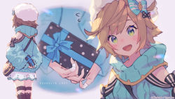 Rule 34 | 1girl, artist request, bag, bandages, black bow, blue bow, blush, bow, brown hair, commentary, company name, copyright name, dragalia lost, gift, green eyes, hair bow, hat, heart-shaped bag, melody (dragalia lost), multiple views, official art, open mouth, short hair, skirt, smile, striped clothes, striped sweater, sweatdrop, sweater, valentine, white skirt