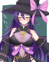 Rule 34 | 1girl, :t, assault lily, averting eyes, bare shoulders, bikini, black bikini, black hat, blush, border, bow, breasts, cleavage, closed mouth, commentary request, cowboy shot, detached sleeves, green background, hair between eyes, hair down, halloween costume, hat, hat bow, highres, honma akehi, jewelry, large breasts, long hair, long sleeves, looking to the side, nanakusa yukiusagi, navel, necklace, official alternate costume, official alternate hairstyle, outside border, pelvic curtain, pendant, pink bow, purple hair, see-through, shrug (clothing), sideways glance, simple background, solo, standing, sweatdrop, swimsuit, very long hair, white border, wide sleeves, witch hat, yellow eyes