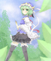 Rule 34 | 1girl, adapted costume, aibumi, bad id, bad pixiv id, black thighhighs, blouse, blurry, blush, breasts, cloud, day, depth of field, female focus, frills, frown, green eyes, green hair, hat, hat ribbon, highres, leaf, light particles, long sleeves, looking at viewer, matching hair/eyes, nature, outdoors, pen-zin, plant, ribbon, rod of remorse, shiki eiki, shirt, short hair, skirt, sky, solo, thighhighs, touhou, tree, vest, wide sleeves, zettai ryouiki