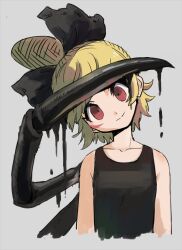 Rule 34 | 1girl, absurdres, alternate costume, arthropod limbs, black bow, black tank top, blonde hair, bow, closed mouth, collarbone, commentary request, cropped torso, darkness, dripping, extra legs, flat chest, grey background, hair bow, hair bun, head tilt, highres, iroiro yaru hito, kurodani yamame, looking at viewer, red eyes, short hair, simple background, single hair bun, smile, solo, tank top, touhou, upper body