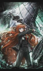 Rule 34 | 1girl, arm up, black jacket, black pants, black vest, bow, breasts, fishing net, hair bow, highres, holding, holding mace, holding shield, ishmael (project moon), jacket, limbus company, long hair, long sleeves, luull, medium breasts, necktie, ocean, orange hair, pants, project moon, red necktie, shield, solo, storm, very long hair, vest, water, whale, white bow
