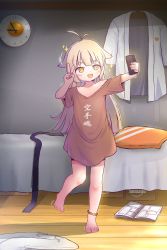 Rule 34 | 1girl, :d, absurdres, amazon (company), antenna hair, bare legs, barefoot, bed sheet, blonde hair, blush, book, cellphone, child, chinese commentary, clock, commentary request, fang, flat chest, hair between eyes, hand up, highres, holding, holding phone, indoors, jacket, kuma-bound, leg up, long hair, long shirt, motion lines, open book, open mouth, original, phone, short sleeves, smartphone, smile, solo, toes, v, wall clock, white jacket, wooden floor, yellow eyes