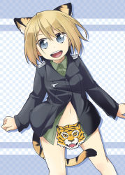 Rule 34 | 1girl, animal ears, bad id, bad pixiv id, blonde hair, blue eyes, censored, character censor, erica hartmann, military, military uniform, novelty censor, open mouth, short hair, solo, strike witches, tail, tiger, tiger ears, tiger tail, tsumutsumu, uniform, world witches series