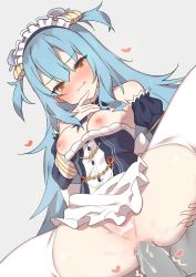 Rule 34 | 1boy, 1girl, :3, :p, anal, apron, azur lane, bare shoulders, blue hair, blush, breasts, breasts out, censored, closed mouth, commission, detached sleeves, dutch angle, grey background, hand to own mouth, heart, hetero, long hair, looking at viewer, maebari, maid headdress, medium breasts, mosaic censoring, neptune (azur lane), nipples, penis, sex, sidelocks, simple background, skeb commission, supershiruco, thighhighs, tongue, tongue out, two side up, waist apron, white thighhighs, yellow eyes