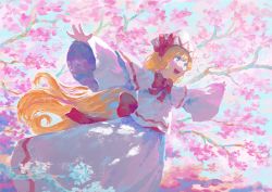 Rule 34 | 1girl, blonde hair, blue eyes, capelet, cherry blossoms, dress, fairy, fjsmu, hat, highres, lily white, long hair, long sleeves, open mouth, outstretched arms, smile, solo, spread arms, touhou, white capelet, white dress, white hat, wide sleeves