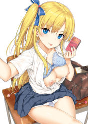 Rule 34 | 1girl, :p, bag, blonde hair, blue bra, blue eyes, blue panties, blue ribbon, blue skirt, blush, box, bra, breasts, buttons, candy, chair, collarbone, collared shirt, comic exe, condom box, crossed legs, desk, dress shirt, fingernails, food, hair between eyes, hair ribbon, hands up, highres, holding, holding box, lace, lace bra, legs, lollipop, long hair, looking at viewer, medium breasts, nail polish, non-web source, on desk, one side up, original, panties, pink nails, plaid, plaid skirt, pleated skirt, pocky, reaching, reaching towards viewer, ribbon, school bag, school desk, school uniform, selfie, shiny skin, shirt, short sleeves, shoulder bag, simple background, sitting, on desk, skirt, smile, solo, takayaki, taking picture, tongue, tongue out, underwear, white background, white shirt, wing collar