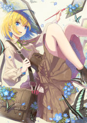 Rule 34 | 1girl, absurdres, bag, blonde hair, blue eyes, boots, bug, butterfly, collared shirt, corset, flower, highres, holding, holding paintbrush, insect, knees up, long sleeves, neck ribbon, open mouth, original, paintbrush, ribbon, shi-ro, shirt, shirt tucked in, short hair, skirt, smile, solo