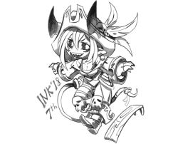 Rule 34 | 1girl, :d, aiko (less), black sclera, boots, borrowed character, breasts, claws, cleavage, colored sclera, commentary, demon girl, demon horns, demon tail, english commentary, fangs, greyscale, halloween costume, hat, hat feather, horns, long sleeves, looking at viewer, monochrome, open mouth, original, plank, pointy ears, ramenwarwok, simple background, skull, smile, solo, spot color, tail, tricorne, white background