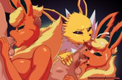 Rule 34 | 1boy, 2girls, blue eyes, blush, body fur, breasts, cooperative fellatio, creatures (company), cum, cum in mouth, cum on hair, erection, everyone, facial, fellatio, ffm threesome, flareon, furry, furry female, furry with non-furry, game freak, gen 1 pokemon, gokkun, group sex, hetero, highres, interspecies, irrumatio, jolteon, looking at another, male focus, multiple girls, nintendo, nude, open mouth, oral, orangepeel, penis, pokemon, pokemon (creature), pokephilia, purple eyes, red fur, sky, smile, teamwork, testicles, threesome, tongue, tongue out, watermark, web address