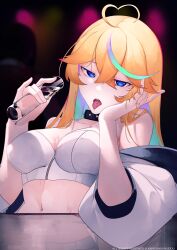 Rule 34 | 1girl, absurdres, ahoge, alternate costume, arielle (vtuber), blonde hair, blue eyes, breasts, glass, head grab, heart, heart ahoge, highres, jacket, kanesaki, large breasts, multicolored hair, navel, open mouth, reflective table, table, tongue, tongue out, virtual youtuber, water, water drop, wet
