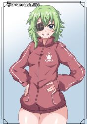 Rule 34 | 1girl, clothes writing, commentary request, cowboy shot, eyepatch, gradient background, green eyes, green hair, grin, hands on own hips, highres, jacket, kantai collection, kiso (kancolle), kurano kisuke, official alternate costume, one-hour drawing challenge, red jacket, short hair, smile, solo, track jacket, twitter username