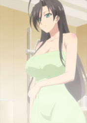 Rule 34 | 10s, 1girl, antenna hair, bare shoulders, black hair, breasts, cleavage, female focus, green eyes, hasegawa chisato, highres, impossible towel, large breasts, long hair, mole, mole under eye, naked towel, screencap, shinmai maou no testament, solo, steam, towel