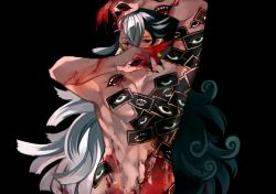 Rule 34 | 1boy, arm up, ashiya douman (fate), ashiya douman (second ascension) (fate), asymmetrical hair, black eyes, black hair, blood, blood on face, blood splatter, blood stain, bloody tears, completely nude, covering own mouth, curly hair, earrings, eyeshadow, fate/grand order, fate (series), fingernails, green eyeshadow, green nails, hair between eyes, hair intakes, hand up, jewelry, long hair, looking at viewer, magatama, magatama earrings, makeup, male focus, mashugure, multicolored hair, nail polish, navel, nude, pectorals, sharp fingernails, solo, toned, toned male, two-tone hair, upper body, very long fingernails, very long hair, white hair