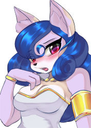 Rule 34 | 1girl, absurdres, alipse, animal ear fluff, animal ears, blue hair, blush, body fur, bracelet, breasts, cleavage, commentary, dress, furry, furry female, highres, jewelry, looking at viewer, medium hair, open mouth, original, pink eyes, pink fur, red eyes, solo, spanish commentary, strapless, strapless dress, white background, white dress