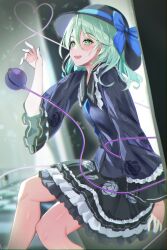 Rule 34 | 1girl, 258n, absurdres, black headwear, black skirt, blue bow, blue jacket, blue nails, bow, commentary, floral print, from side, green eyes, green hair, heart, highres, jacket, komeiji koishi, long sleeves, open mouth, sitting, skirt, smile, solo, touhou