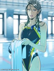 Rule 34 | 1girl, black hair, blue eyes, competition swimsuit, earrings, fugi jis, goggles, grey hair, jewelry, long hair, makeup, one-piece swimsuit, pool, solo, swimsuit, towel, wet