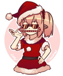 Rule 34 | 1girl, blonde hair, candy, candy cane, christmas, cropped torso, flandre scarlet, food, fur trim, hand on own hip, hat, highres, medium hair, merry christmas, pointy ears, santa costume, santa hat, short sleeves, side ponytail, solo, sunglasses, touhou, yoruny