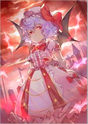 Rule 34 | 1girl, airrabbityan, bat wings, bubble skirt, cup, cupping glass, drinking glass, dutch angle, embellished costume, hat, purple hair, red eyes, red sky, remilia scarlet, short hair, skirt, sky, solo, standing, touhou, wavy hair, wine glass, wings, wrist cuffs