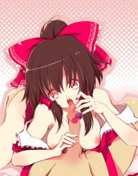 Rule 34 | 1girl, bad id, bad pixiv id, bottomless, bow, breasts, brown hair, censored, fellatio, gin (oyoyo), hair bow, hair tubes, hakurei reimu, halftone, halftone background, jpeg artifacts, large breasts, licking, long hair, nail polish, nipples, open clothes, oral, paizuri, penis, pink nails, ponytail, precum, solo focus, touhou