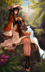 Rule 34 | 00s, 1girl, absurdres, anklet, bird, black hair, cloud, dungeon and fighter, female focus, female gunner (dungeon and fighter), flower, full body, highres, jewelry, korean clothing, outdoors, plant, sitting, sky, solo, tree, water, waterfall