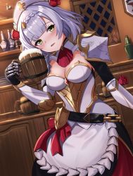 Rule 34 | 1girl, :d, aircell, alcohol, apron, armor, beer, beer mug, blunt bangs, blush, boobplate, breastplate, breasts, cleavage, cup, dress, flower, genshin impact, green eyes, hair flower, hair ornament, half-closed eyes, highres, indoors, looking at viewer, maid, maid apron, maid headdress, medium breasts, mug, noelle (genshin impact), open mouth, red flower, red rose, rose, short hair, silver hair, smile, solo, vambraces