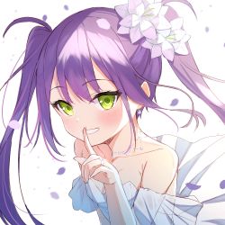 Rule 34 | 1girl, bare shoulders, collarbone, dress, flower, green eyes, hair flower, hair ornament, hololive, index finger raised, jewelry, long hair, necklace, pointy ears, purple hair, ring, simple background, smile, solo, tokoyami towa, tsukiman, twintails, upper body, virtual youtuber, white background, white dress