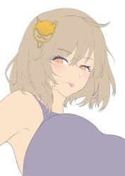 Rule 34 | 1girl, :p, ahoge, anis (nikke), blush, breasts, brown hair, goddess of victory: nikke, hair ornament, highres, large breasts, purple shirt, shirt, short hair, si farid, simple background, sketch, solo, tongue, tongue out, upper body, white background, yellow eyes