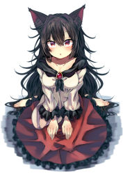 Rule 34 | 1girl, absurdres, animal ear fluff, animal ears, barefoot, blush, breasts, brooch, brown hair, collarbone, dress, highres, imaizumi kagerou, jewelry, large breasts, long hair, looking at viewer, looking up, open mouth, red eyes, seika okawari, simple background, sitting, solo, touhou, very long hair, wariza, white background, wide sleeves, wolf ears