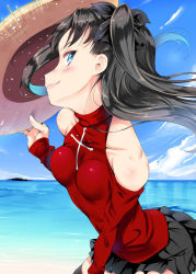 Rule 34 | 1girl, adapted costume, bare shoulders, beach, black hair, black thighhighs, blue eyes, cloud, cloudy sky, day, fate/stay night, fate (series), hair ribbon, hat, unworn hat, unworn headwear, lips, long hair, long sleeves, outdoors, pleated skirt, ribbon, shiranagi, sideways glance, skirt, sky, smile, solo, straw hat, thighhighs, tohsaka rin, twintails, two side up