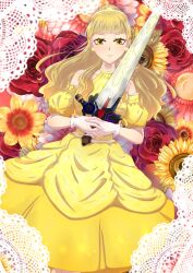 Rule 34 | 1girl, bare shoulders, blonde hair, choker, detached sleeves, dress, earrings, eyelashes, feet out of frame, floral background, flower, frilled choker, frilled gloves, frills, gloves, highres, himeno ran, holding, holding sword, holding weapon, jewelry, long hair, looking at viewer, n ur ur, ohsama sentai king-ohger, puffy sleeves, red flower, red rose, rose, smile, sunflower, super sentai, sword, weapon, white gloves, yellow dress, yellow eyes