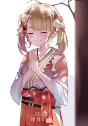 Rule 34 | 1girl, 2022, blonde hair, blush, closed eyes, closed mouth, commentary request, donggua bing cha, facing viewer, hair ornament, hakama, hakama skirt, highres, hololive, japanese clothes, kazama iroha, kimono, long sleeves, medium hair, nengajou, new year, orange hakama, own hands together, praying, simple background, skirt, smile, solo, translation request, twintails, upper body, virtual youtuber, white background