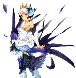 Rule 34 | 1girl, armor, armored dress, bare shoulders, boots, breasts, choker, crown, detached sleeves, dress, feathers, gwendolyn (odin sphere), hair ornament, leg wings, looking at viewer, low wings, medium breasts, mochi hanpen, odin sphere, purple eyes, short hair, solo, strapless, strapless dress, thighhighs, valkyrie, white hair, wings