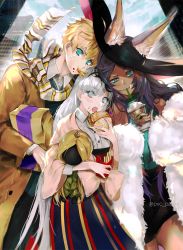Rule 34 | 1boy, 2girls, american flag, anastasia (fate), animal ears, arthur pendragon (fate), blonde hair, burger, city, coat, cup, dark-skinned female, dark skin, disposable cup, doll, drinking straw, eating, fate/grand order, fate (series), food, food in mouth, food on face, french fries, fur coat, hat, long hair, multiple girls, nail polish, official alternate costume, purple hair, pvc parfait, queen of sheba (fate), scarf, silver hair, skirt, striped clothes, striped skirt, twitter username, vertical-striped clothes, vertical-striped skirt