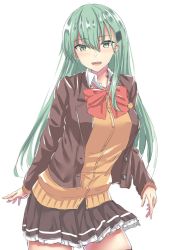 Rule 34 | 1girl, aqua hair, bow, bowtie, breasts, brown jacket, brown skirt, brown thighhighs, collared shirt, cowboy shot, frilled skirt, frills, green eyes, hair ornament, hairclip, jacket, kantai collection, large breasts, long hair, long sleeves, looking at viewer, matsunaga garana, open mouth, pleated skirt, red bow, red bowtie, remodel (kantai collection), school uniform, shirt, simple background, sketch, skirt, solo, straight hair, suzuya (kancolle), thighhighs, unfinished, upper body, white background, white shirt