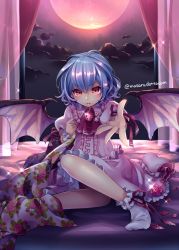 Rule 34 | 1girl, 3:, artist name, ascot, bat wings, beckoning, blue hair, blush, bow, cloud, curtains, fang, floral print, flower, frilled skirt, frills, frown, full moon, unworn headwear, highres, jewelry, looking at viewer, masaru.jp, moon, night, no headwear, no headwear, no shoes, outstretched arm, parted lips, petals, pointy ears, puffy sleeves, red eyes, red moon, remilia scarlet, rose, shirt, short hair, short sleeves, sitting, skirt, skirt set, sky, socks, solo, sparkle, touhou, twitter username, vest, white socks, wings, wrist cuffs