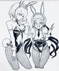 Rule 34 | 2girls, alternate costume, animal ears, bare shoulders, blush, bow, bowtie, breasts, cleavage, commentary request, danganronpa (series), danganronpa v3: killing harmony, detached collar, fake animal ears, greyscale, highres, large breasts, leotard, long hair, looking at viewer, monochrome, multiple girls, open mouth, pantyhose, playboy bunny, rabbit ears, rabbit tail, shirogane tsumugi, short hair, smile, strapless, strapless leotard, tail, tojo kirumi, traditional media, tsunemi aosa, wrist cuffs
