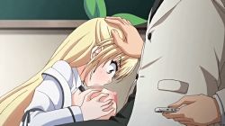 Rule 34 | 1boy, 1girl, animated, animated gif, blonde hair, breasts, censored, fellatio, from side, hand on another&#039;s head, huge breasts, long hair, mosaic censoring, nipples, oral, paizuri, penis, saimin gakuen, tagme