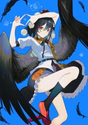 Rule 34 | 1girl, absurdres, ass, bird wings, black hair, black skirt, black socks, black wings, blue background, closed mouth, feathered wings, feathers, frilled skirt, frills, geta, hair between eyes, hat, highres, ikasoba, pom pom (clothes), puffy short sleeves, puffy sleeves, red eyes, red footwear, red hat, shameimaru aya, shirt, short hair, short sleeves, simple background, skirt, socks, solo, tengu-geta, tokin hat, touhou, white shirt, wings