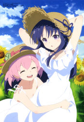 Rule 34 | 2girls, :d, :o, absurdres, arms up, assault lily, blue hair, blue sky, breasts, cleavage, closed eyes, cloud, clover, collarbone, day, dress, flower, hat, hat ribbon, highres, hitotsuyanagi riri, hug, megami magazine, multiple girls, official art, open mouth, outdoors, pink hair, purple eyes, ribbon, shirai yuyu, sidelocks, sky, small breasts, smile, straw hat, sun hat, sundress, sunflower, teeth, umeshita manami, upper body, upper teeth only, white dress