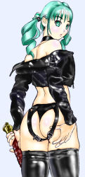 Rule 34 | 1girl, ass, bare shoulders, black footwear, boots, choker, dildo, female focus, femdom, gankisuki, green eyes, green hair, highres, jacket, latex, latex boots, latex jacket, looking back, matching hair/eyes, off shoulder, sex toy, simple background, solo, standing, strap-on, twintails, upper body