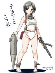 Rule 34 | 10s, 1girl, aged up, alternate breast size, black hair, brown eyes, dated, diving mask, goggles, gun, kantai collection, looking at viewer, maru-yu (kancolle), one-piece swimsuit, parted bangs, school swimsuit, short hair, signature, solo, submachine gun, swimsuit, tatsumi ray, translated, twitter username, type 100 smg, weapon, white one-piece swimsuit, white school swimsuit