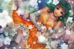 Rule 34 | 1girl, bad id, bad pixiv id, bare shoulders, breasts, cleavage, elbow gloves, flower, from above, gloves, green eyes, green hair, gumi, large breasts, looking at viewer, looking up, lying, matching hair/eyes, smile, solo, thighhighs, vocaloid, yamakawa (sato), yamakawa umi, zettai ryouiki